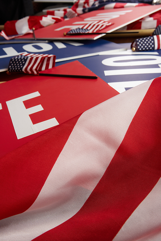 Voting items such as the flag and a placard urging you to VOTE!