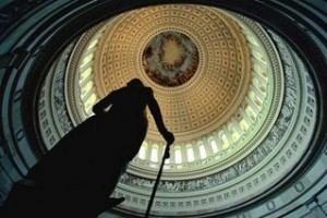 Looking upward at the dome within the US Congress rotunda.