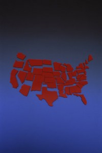 A graphic image of the continental United States, broken into separate states.