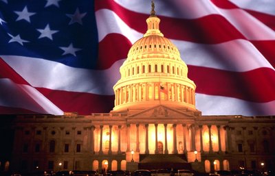 Foto del Congreso de los EE.UU., con la bandera por atrás. Congress of the United States, with the flag flying behind.