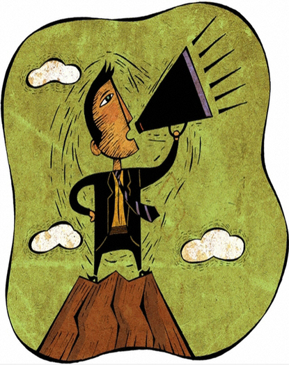 Graphic of a man on a mountaintop, spreading the news via a megaphone.