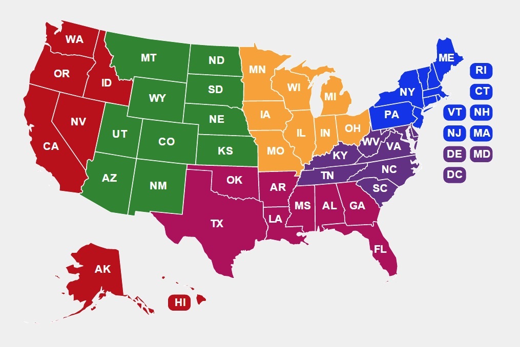 Map of US, color-coded for each region of RPTACs