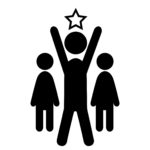 Black and white icon-like illustration of a person saying "hurrah" when finding his or her Parent Center.