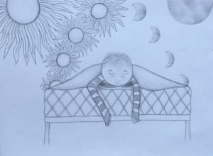 Image of young child hanging over the side of the bed with a sad, tired expression and eyes closed. Behind the bed, the sun and moon both rise and set to show how the child feels all the time.