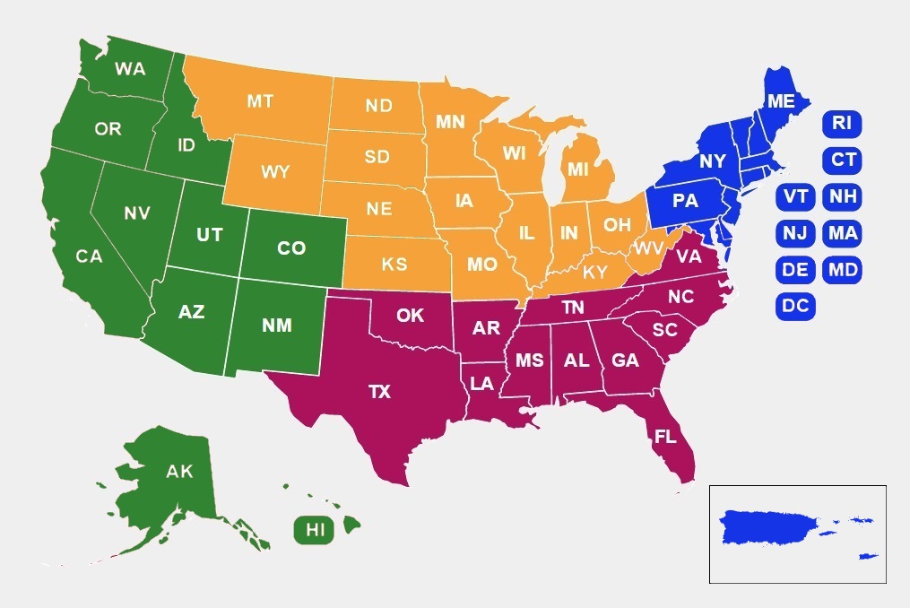 Map of US, color-coded for each region of RPTACs