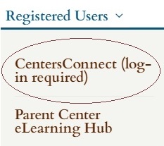 Drop-down menu of Registered Users, where you access CentersConnect