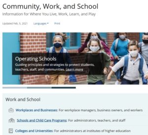 CDC's webpage section on community, work, and school