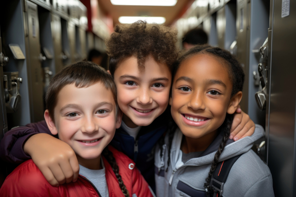 middle school kids in the hall smiling standing next to lockers