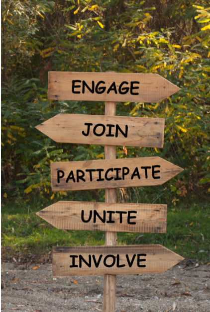 EngageUniteParticipate Arrows pointing in different directions with the words engage, join, participate, unite, involve.