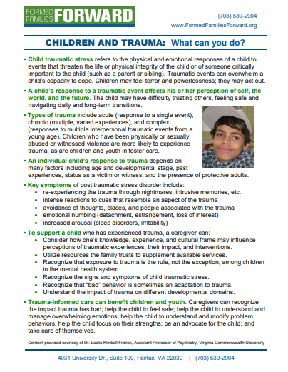 Children and Trauma: What Can You Do? 1 pager image.