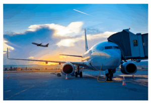 Picture at airport, plane boarding and another plane taking off. 