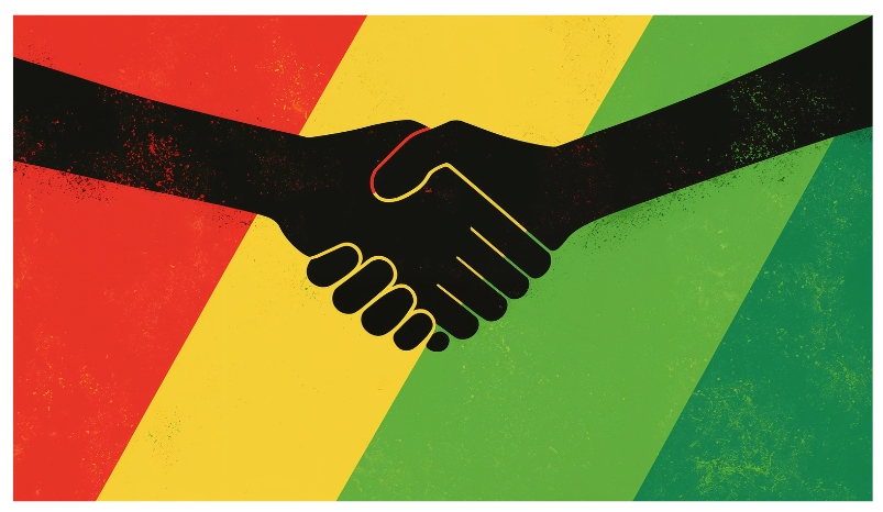Colors (red, yellow, light green, and dark green) representing Black History month with two hands holding in the foreground. 