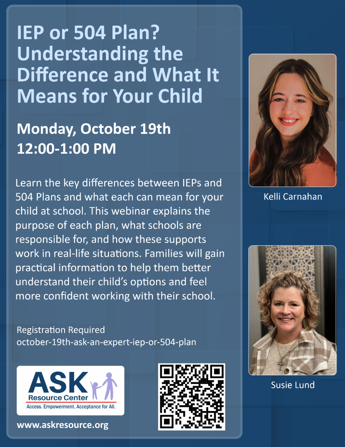 Image of webinar flyer for 504 vs IEP webinar.
